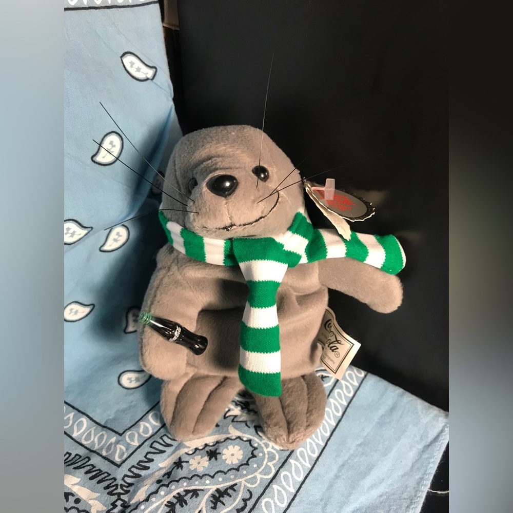 Vintage 1997 Coca-Cola Beanie Plush Seal with Green + white scarf & Bottled Coke
